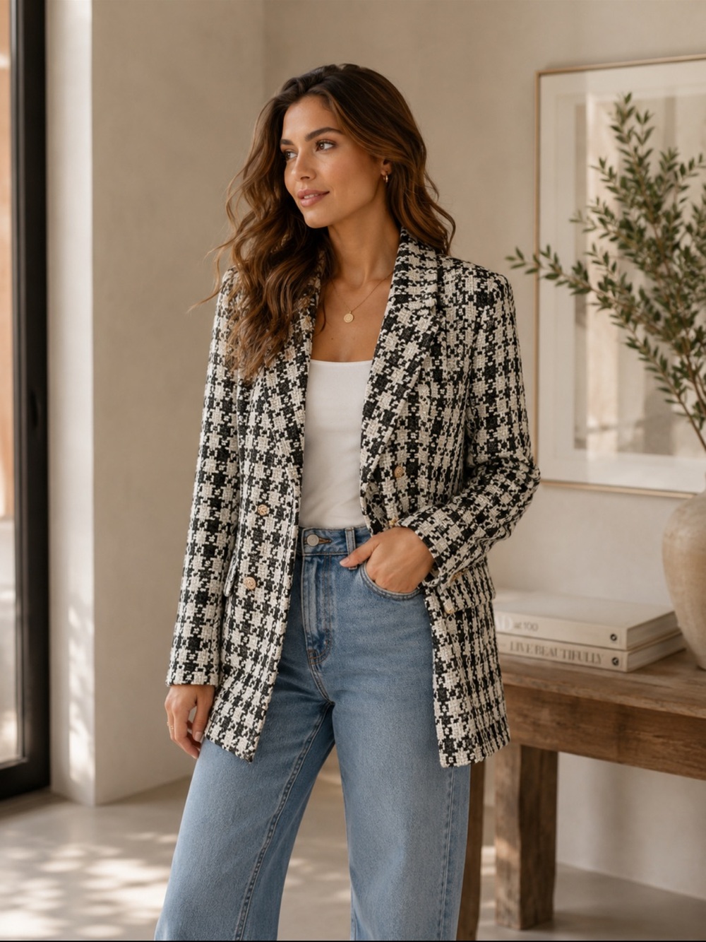 ShopEvelynne Black & White Houndstooth Double-Breasted Blazer